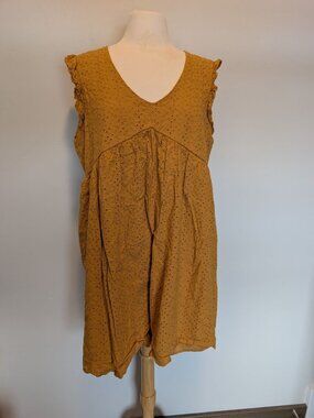 Knox Rose Mustard Yellow Eyelet Sleeveless Dress With Ruffle Trim XL Babydoll